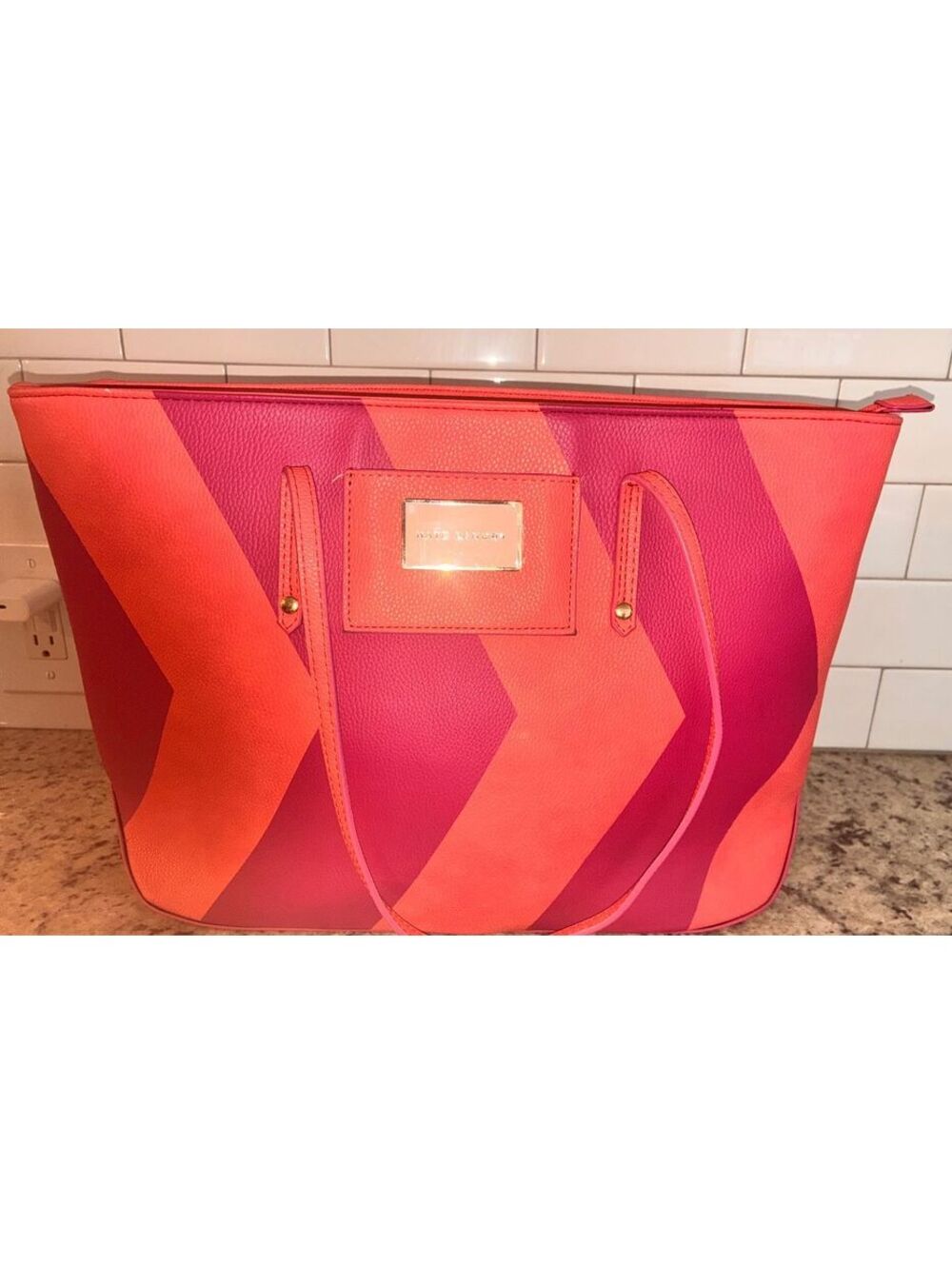 Kate Landry Pink and Coral Chevron Tote Bag